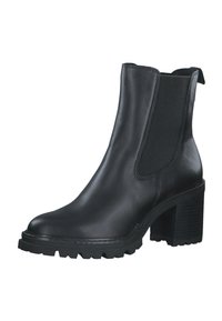 Black leather ankle boot with elastic side panels, chunky heel, and textured rubber sole, featuring a smooth finish and minimal stitching details.
