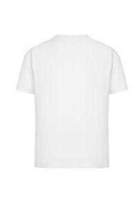White cotton t-shirt, short sleeves, crew neck, plain design, regular fit, no patterns or logos, smooth texture, back view.