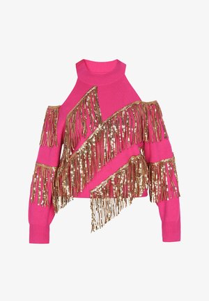 Pink knitted sweater with cutout shoulders, featuring gold and bronze fringe detailing across the front and sleeves, ribbed collar and cuffs.