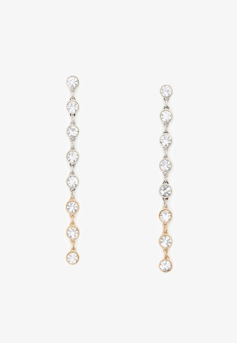 Pendientes colgantes en tono dorado y plateado con cristales transparentes circulares dispuestos en una línea vertical, presentando un diseño de cadena elegante.
