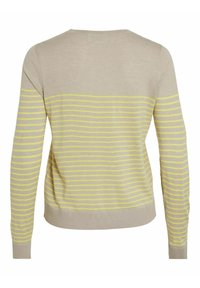 Pull beige avec des rayures jaunes horizontales sur les manches et le bas du dos, poignets et ourlet côtelés, vu de dos.