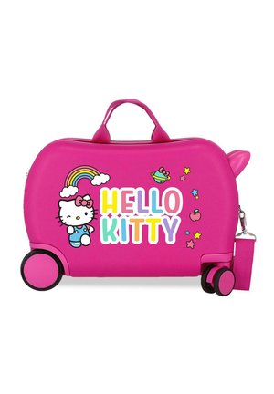 Maleta infantil de color rosa brillante con Hello Kitty, arcoíris, estrellas y planetas, equipada con ruedas, asa y correa de hombro desmontable.