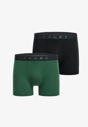 Zwei Paar Herrenboxershorts: eine grüne und eine schwarze. Beide verfügen über einen bequemen, elastischen Bund mit "FALKE"-Logo in Dunkelgrün.