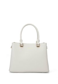 Borsa a mano sintetica bianca con manici doppi arrotondati, dettagli in hardware dorato, silhouette strutturata e finitura testurizzata.