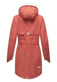 Waterproof coral jacket with a drawstring waist, elastic cuffs, and a white-accented hood. Features a flat back pocket and a logo label.
