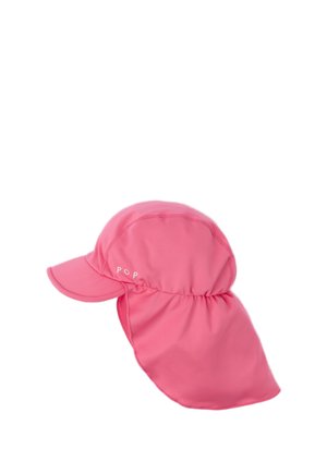 Roze zonnehoed met verlengde nekflap en korte klep, ontworpen voor volledige bescherming tegen de zon.