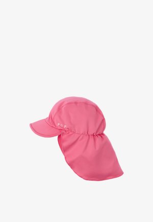 Lyserød solhat med forlænget nakkeklappe og kort skygge, designet til fuld solbeskyttelse.