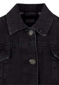 Zwarte denim jacket met een klassieke kraag, zilveren drukknoopsluitingen, borstzakken en een gestructureerde afwerking. Urban Classics merkteken zichtbaar.