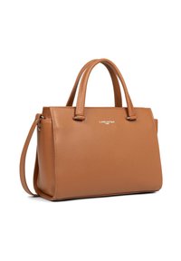 Borsa a tracolla in pelle beige con design strutturato, doppio manico, tracolla removibile e logo impresso sul davanti. Texture liscia.