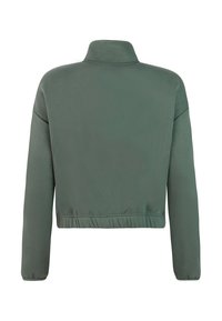 Groen cropped sweatshirt met lange mouwen, hoge kraag en elastische zoom, van achteren getoond op een witte achtergrond.