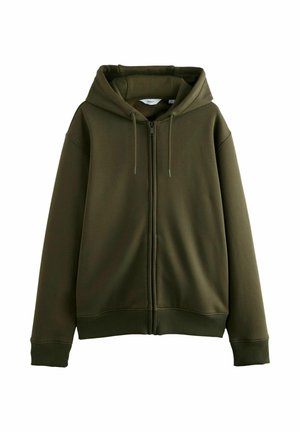 Maslinasto zelena zip-up dukserica s kapuljačom na vezanje, dugim rukavima i rebrastim manžetama i donjim rubom.