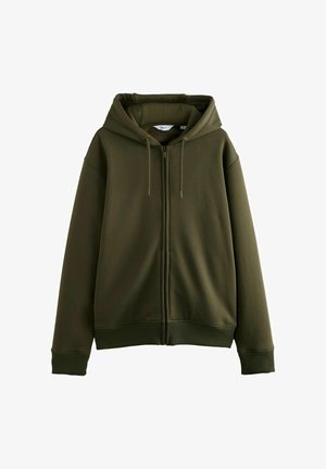 Sudadera verde oliva con cremallera, capucha con cordón, mangas largas y puños y dobladillo acanalados.