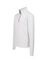 Pullover in pile bianco con maniche lunghe e una mezza cerniera nera, caratterizzato da un colletto alto e una vestibilità comoda.