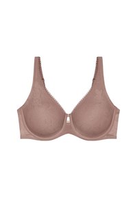 Nude kanten BH met padded cups, bloemenpatroon, verstelbare bandjes en een decoratieve rand langs de randen. Klassiek ontwerp voor comfort.