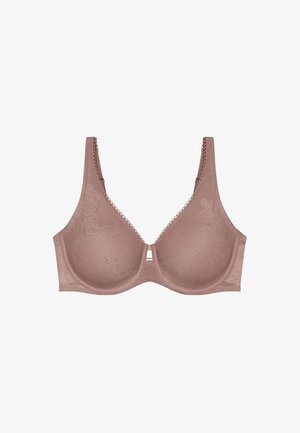 Nøgen blonder bh med polstrede skåle, blomstermønster, justerbare stropper og en dekorativ kant langs kanterne. Klassisk design for komfort.