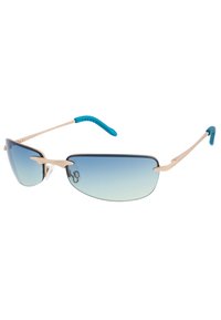Occhiali da sole con montatura in metallo, lenti blu sfumate e terminali auricolari rivestiti in gomma color acqua. Il design elegante a mascherina migliora la copertura.