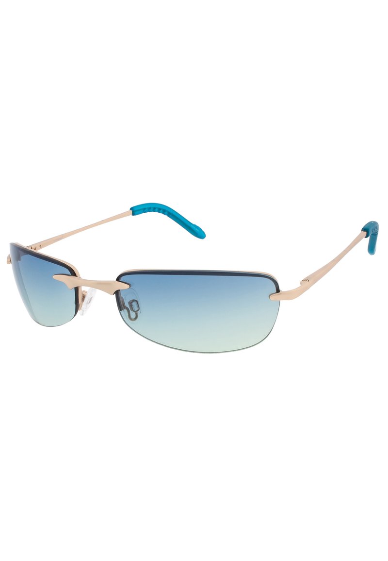 Occhiali da sole con montatura in metallo, lenti blu sfumate e terminali auricolari rivestiti in gomma color acqua. Il design elegante a mascherina migliora la copertura.