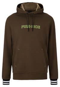 Felpa marrone con cappuccio foderato in rete, cordini neri, testo "FIRE + ICE" in verde neon, tasca a marsupio e polsini a strisce bianche e nere.