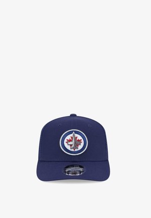 Navy blue baseball cap with circular logo featuring a gray jet over a red maple leaf inside a white and blue border.