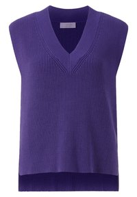 Lila ärmelloses Strickoberteil mit V-Ausschnitt, geripptem Textur und geradem Schnitt mit einem leicht längeren Rückensaum.