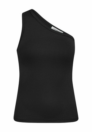 Top de tirantes negro con diseño de un solo hombro, que presenta una textura suave y una forma ajustada. Etiqueta visible en el escote.