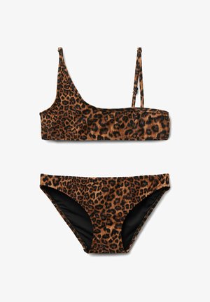 Leopardmuster zweiteiliges Bikini-Set mit asymmetrischem Oberteil, das einen breiten Träger und einen dünnen verstellbaren Träger hat, kombiniert mit klassischen Höschen.