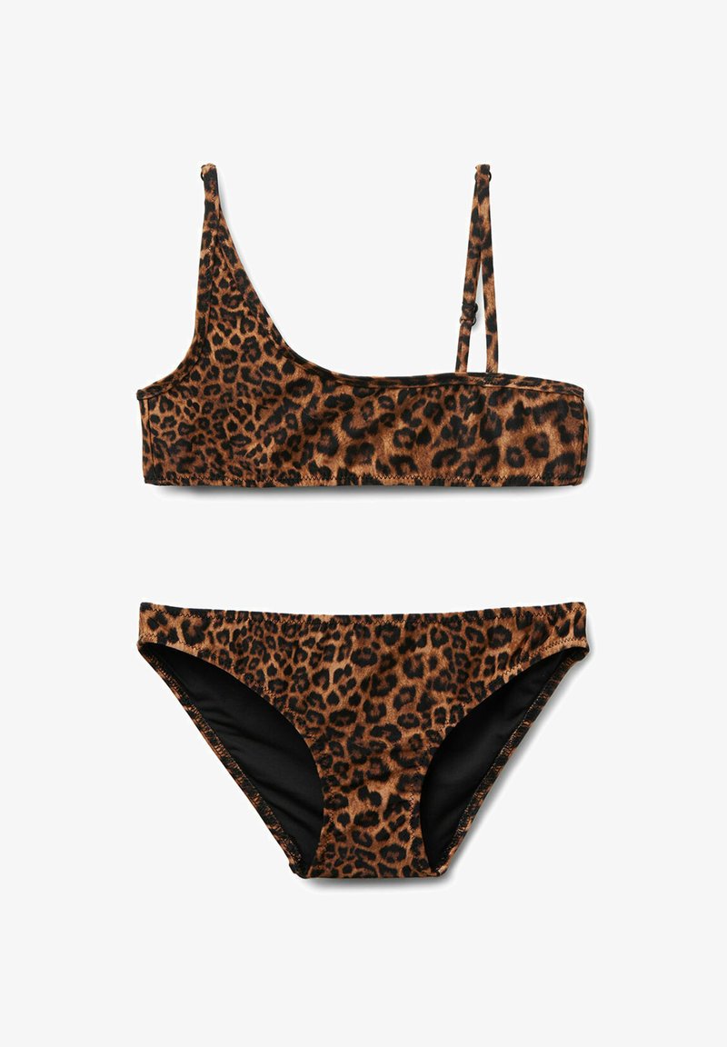 Leopardmuster zweiteiliges Bikini-Set mit asymmetrischem Oberteil, das einen breiten Träger und einen dünnen verstellbaren Träger hat, kombiniert mit klassischen Höschen.
