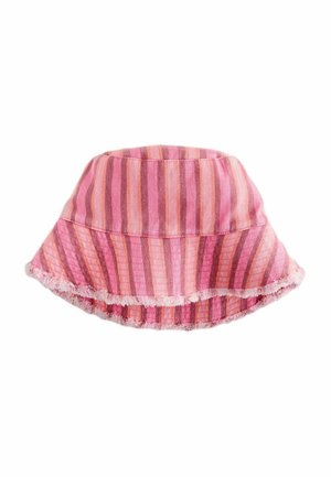 Pink and orange striped bucket hat with frayed edges and a soft fabric texture.