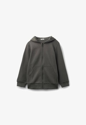 Grau zip-up Hoodie mit einer Kapuze mit Kordelzug, vorderen Taschen und gerippten Bündchen. Aus weichem Stoff mit glatter Textur gefertigt.