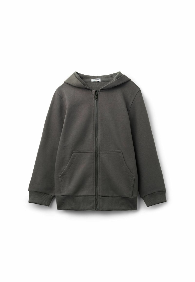 Šedá mikina na zip s kapucí na stahování, předními kapsami a žebrovanými manžetami. Vyrobena z měkkého materiálu s hladkou teksturou.