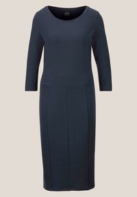 Dunkelblaues, tailliertes Kleid aus weichem Stoff, mit rundem Halsausschnitt und dreiviertel Ärmeln, versehen mit vertikalen Nahtdetails auf der Vorderseite.