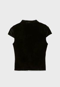 Kortærmet sort fløjlstop med krave, der har en glat overflade og en tætsiddende form. Ingen mønstre eller dekorationer synlige.