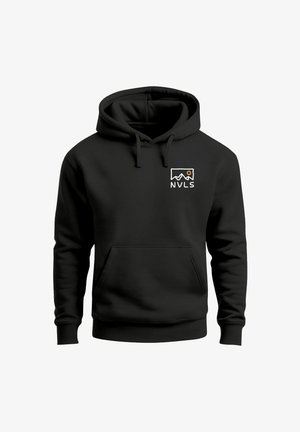 Black hooded sweatshirt made of soft material. Features a kangaroo pocket and a white logo with mountain design on the left chest.