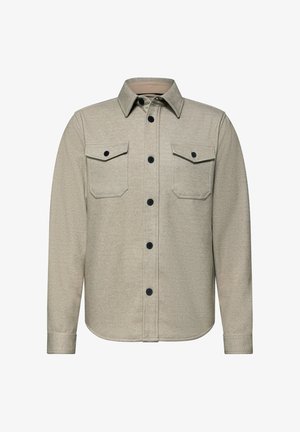 Beige geweven overhemd met een kraag, twee borstzakken en zwarte knopen. Zachte textuur met een rechte snit en afgeronde zoom.