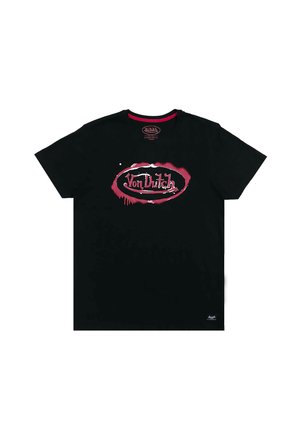 T-shirt noir à manches courtes avec logo rouge et blanc "Von Dutch" en ovale, présentant un effet de éclaboussure de peinture sur la poitrine.