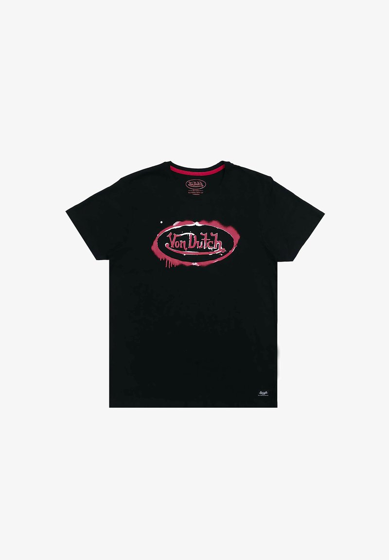 T-shirt noir à manches courtes avec logo rouge et blanc "Von Dutch" en ovale, présentant un effet de éclaboussure de peinture sur la poitrine.
