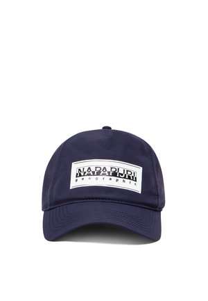 Marineblauwe pet van gladde stof met een voorpatch waarop de tekst "NAPAPIJRI geographic" in contrasterende kleuren staat en een gebogen klep.