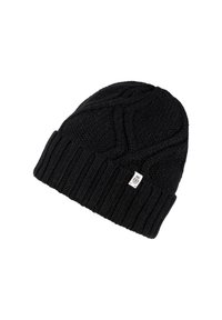 Black knitted beanie with a ribbed hem and raised cable pattern. Features a small label on the side. Soft texture, rounded crown shape.