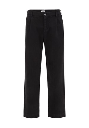 Pantalones negros de tela lisa con corte recto, que presentan un cierre de botón y dos bolsillos laterales. Contienen pliegues frontales.