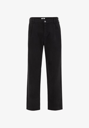 Pantaloni neri realizzati in tessuto liscio con taglio dritto, dotati di chiusura con bottone e due tasche laterali. Presentano pince frontali.