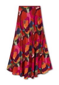 Heldere bloemen midi-rok van zachte stof. Bevat een levendig kleurenpalet van rood, roze, groen en paars. Uitlopende zoomontwerp.