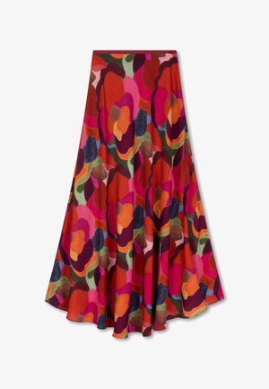 Heldere bloemen midi-rok van zachte stof. Bevat een levendig kleurenpalet van rood, roze, groen en paars. Uitlopende zoomontwerp.