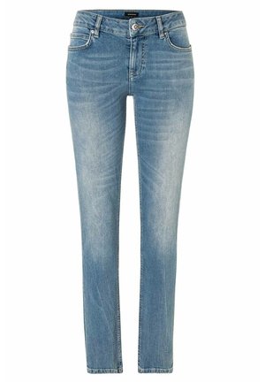 Jasnoniebieskie jeansy slim fit z zapinaniem na guzik i suwak z przodu, z pięcioma kieszeniami i subtelnym blaknięciem na udach i kolanach.
