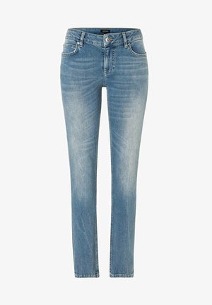 Jasnoniebieskie jeansy slim fit z zapinaniem na guzik i suwak z przodu, z pięcioma kieszeniami i subtelnym blaknięciem na udach i kolanach.