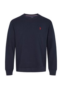 Marinblå sweatshirt tillverkad av mjuk bomull, med rund hals, långa ärmar och en liten röd broderad logotyp på vänster bröst.