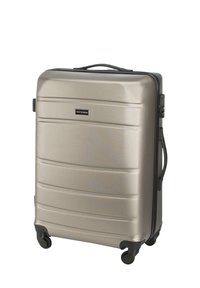 Hardshell rolling suitcase in metallic gold, featuring a textured surface, black zipper, and four rotating wheels for easy mobility.