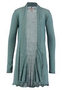 Öppen, stickad kardiagan i teal med långa ärmar och spetsliknande mönstrad kant längs kanterna och framstyckena.