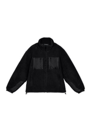 Black fleece jacket with a high collar, featuring black satin front pockets and sleeves. Includes elastic cuffs and adjustable hem.