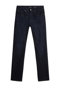 Jeans dritti blu scuro realizzati in denim, dotati di cinque tasche, cuciture a contrasto e una vita classica con chiusura a bottoni.