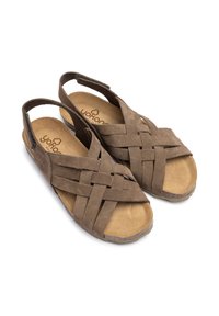 Sandali in suede marrone con design intrecciato, apertura sul retro e soletta imbottita. Costruzione leggera e fondo testurizzato.